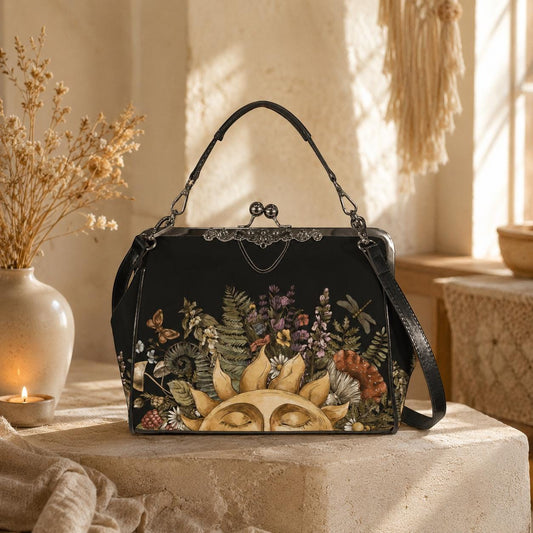 Kiss Lock Purse, Dark Cottagecore Handbag, Sun Botanical Frame Bag