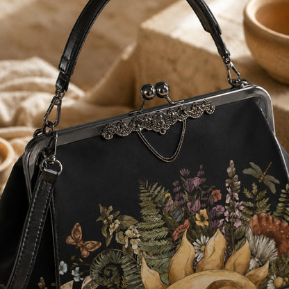 Kiss Lock Purse, Dark Cottagecore Handbag, Sun Botanical Frame Bag