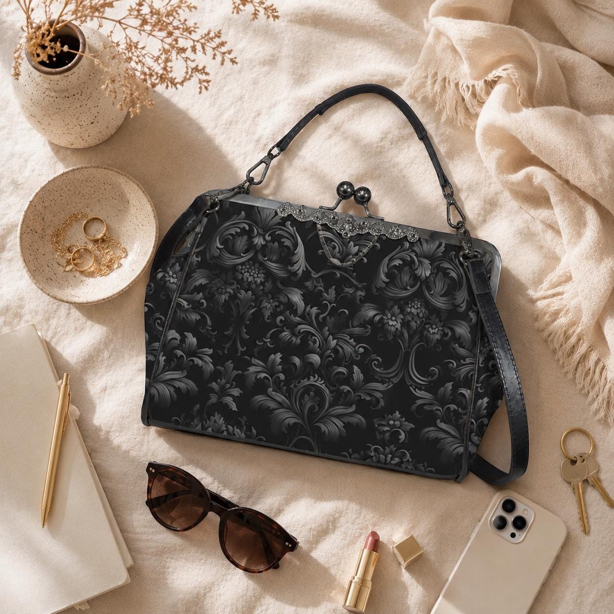 Baroque Black Handbag, Gothic Victorian Purse, Witchy Gift Bag