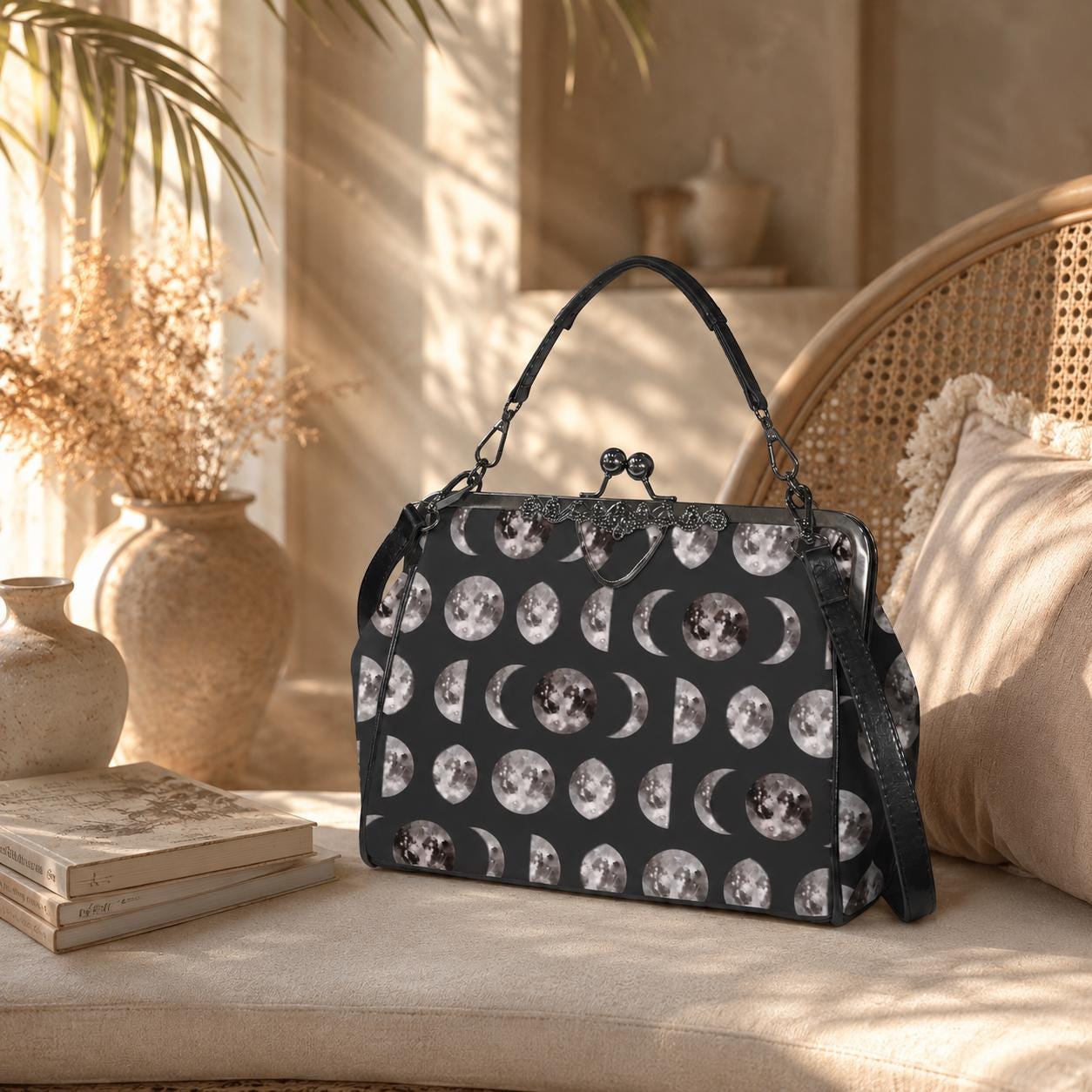 Moon Phase Kiss Lock Bag, Celestial Gothic Purse, Witchy Shoulder Handbag