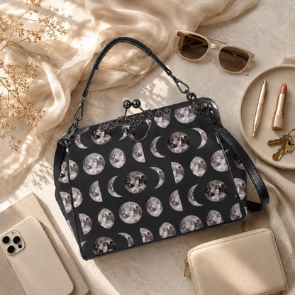 Moon Phase Kiss Lock Bag, Celestial Gothic Purse, Witchy Shoulder Handbag