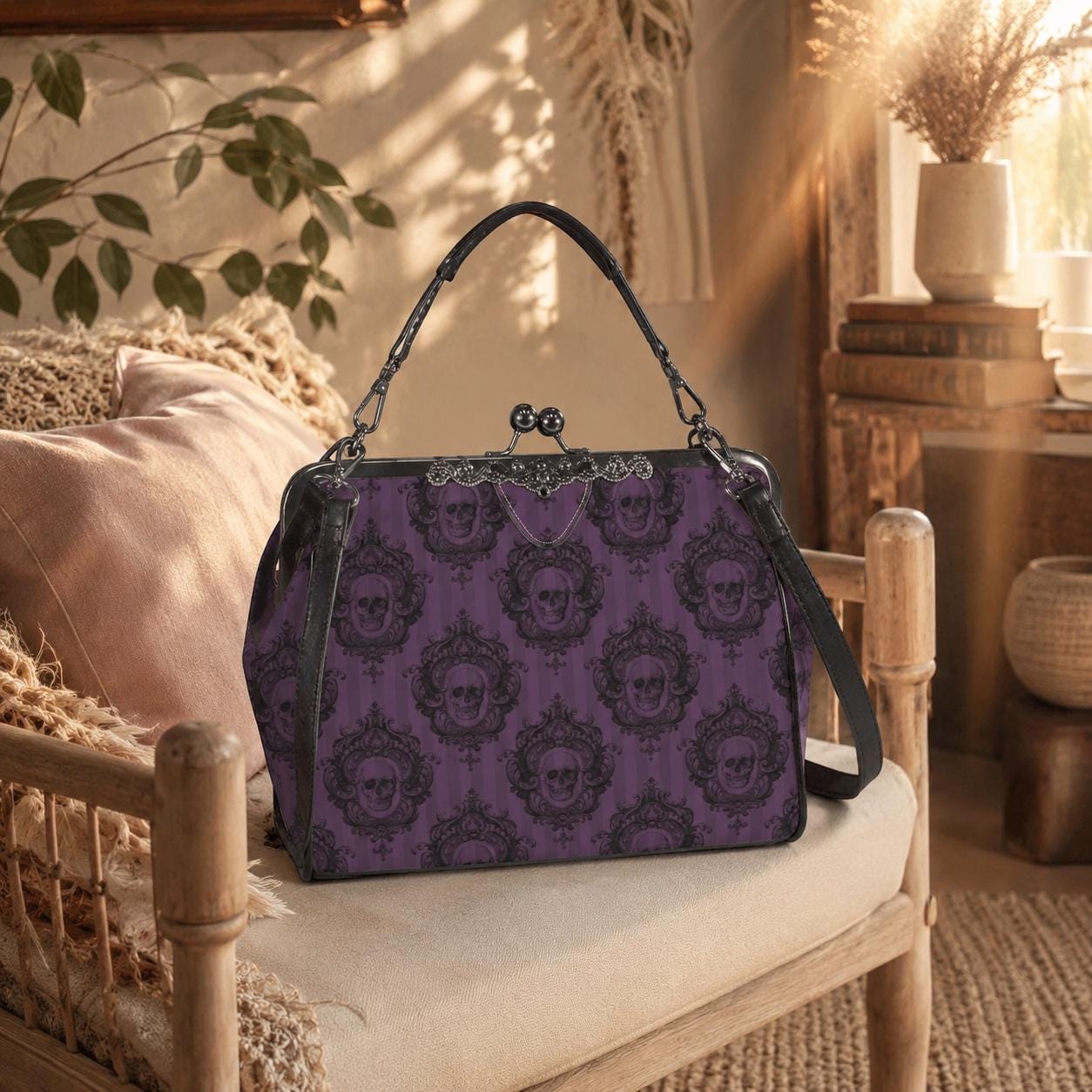 Purple Skull Cameo Kiss Lock Bag, Victorian Frame Handbag, Gothic Evening Purse