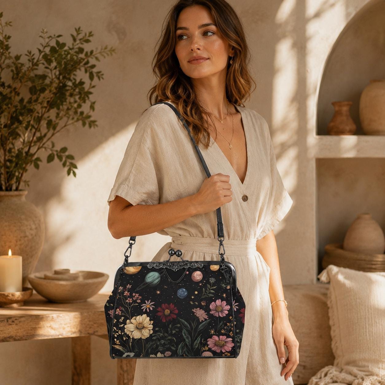 Kiss Lock Frame Bag, Cosmic Garden Purse, Vintage Planet Floral Evening Bag