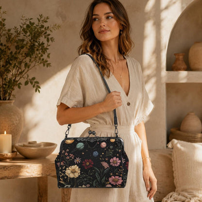 Kiss Lock Frame Bag, Cosmic Garden Purse, Vintage Planet Floral Evening Bag