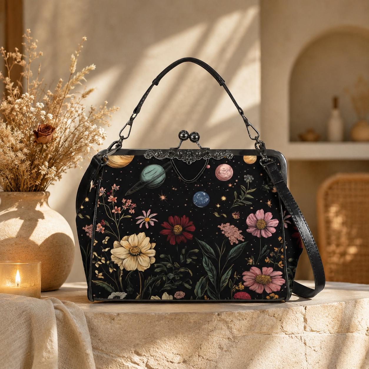 Kiss Lock Frame Bag, Cosmic Garden Purse, Vintage Planet Floral Evening Bag