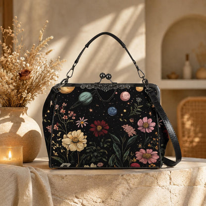Kiss Lock Frame Bag, Cosmic Garden Purse, Vintage Planet Floral Evening Bag