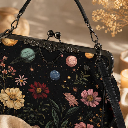 Kiss Lock Frame Bag, Cosmic Garden Purse, Vintage Planet Floral Evening Bag