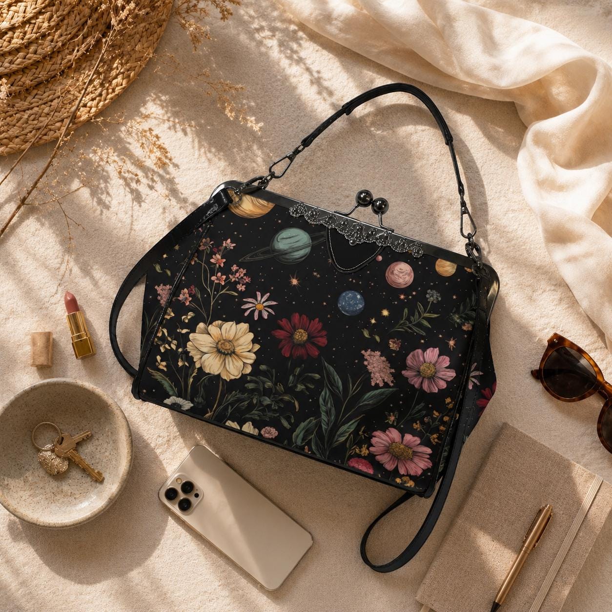 Kiss Lock Frame Bag, Cosmic Garden Purse, Vintage Planet Floral Evening Bag