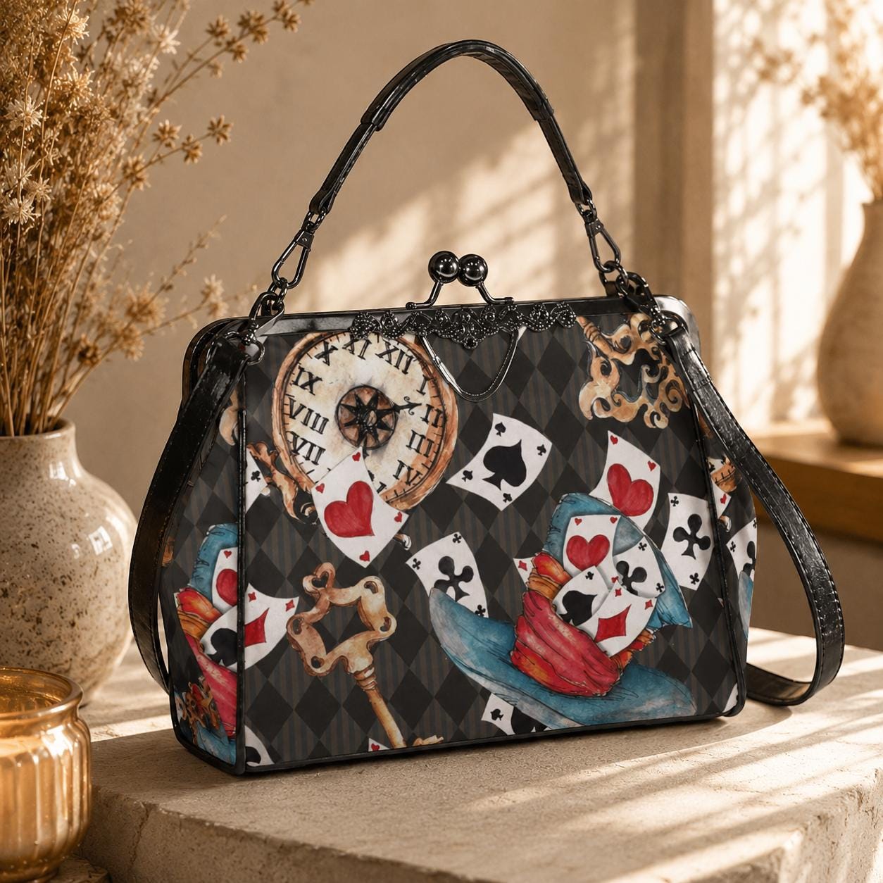 Wonderland Tea Party Kisslock Handbag, Playing Card Clock Frame Purse, Queen of Hearts Bag