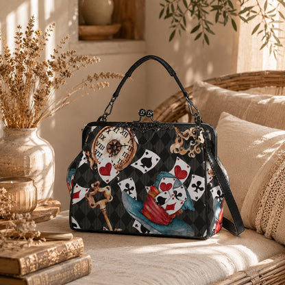 Wonderland Tea Party Kisslock Handbag, Playing Card Clock Frame Purse, Queen of Hearts Bag