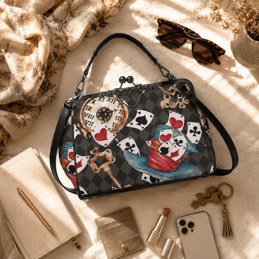 Wonderland Tea Party Kisslock Handbag, Playing Card Clock Frame Purse, Queen of Hearts Bag