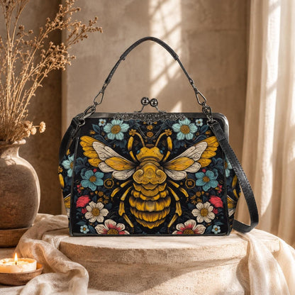 Honeybee Floral Kisslock Bag, Nature Inspired Purse, Vintage Handbag