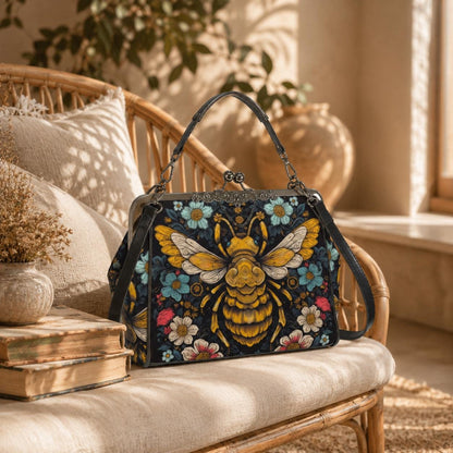 Honeybee Floral Kisslock Bag, Nature Inspired Purse, Vintage Handbag