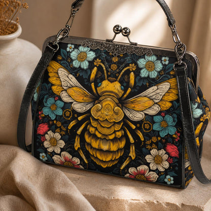Honeybee Floral Kisslock Bag, Nature Inspired Purse, Vintage Handbag
