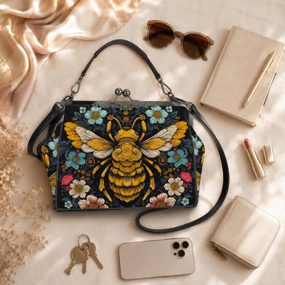 Honeybee Floral Kisslock Bag, Nature Inspired Purse, Vintage Handbag