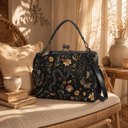 Snake Kiss Lock Bag, Dark Cottagecore Doctor Purse, Woodland Frame Handbag