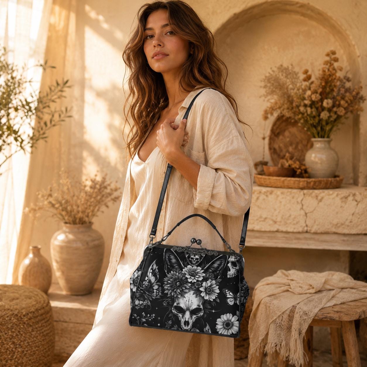 Skull kiss lock purse, butterfly gothic frame bag, monochrome floral handbag