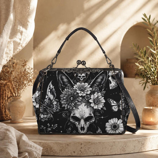 Skull kiss lock purse, butterfly gothic frame bag, monochrome floral handbag