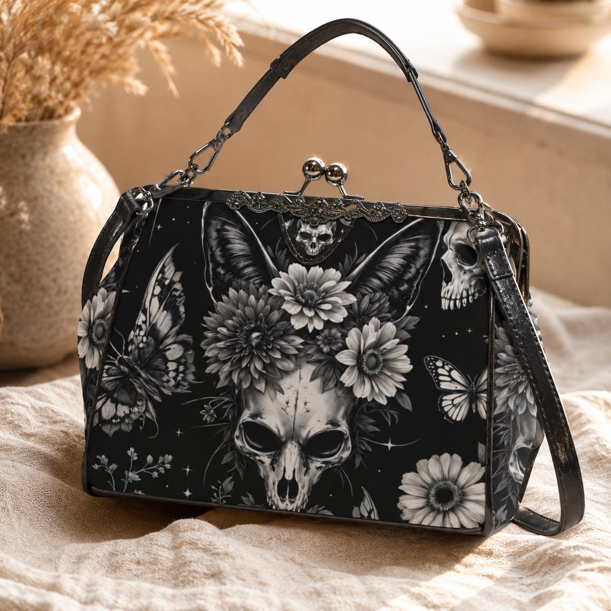 Skull kiss lock purse, butterfly gothic frame bag, monochrome floral handbag
