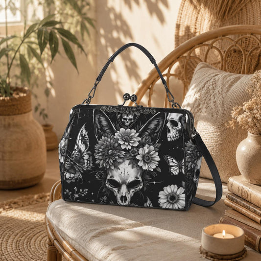 Skull kiss lock purse, butterfly gothic frame bag, monochrome floral handbag
