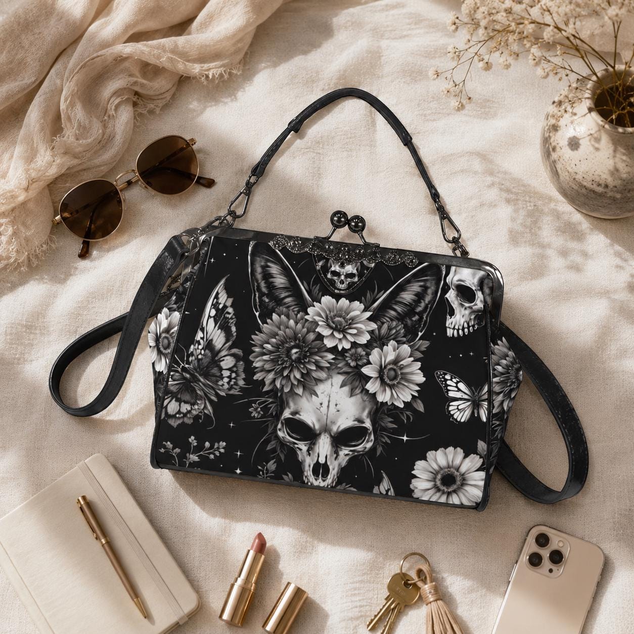 Skull kiss lock purse, butterfly gothic frame bag, monochrome floral handbag