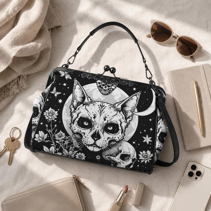 Full Moon Cat Kisslock Purse, Celestial Feline Print Handbag, Skull Flower Bag