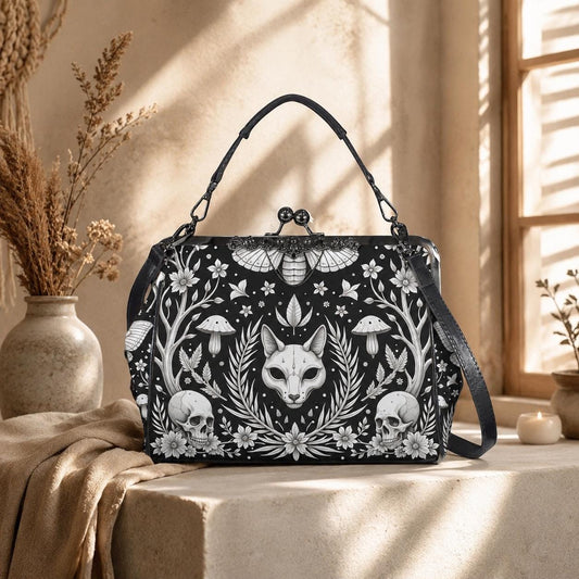 Gothic Skull Moth Print Frame Bag, Witchy Top Handle Purse, Occult Botanical Tote