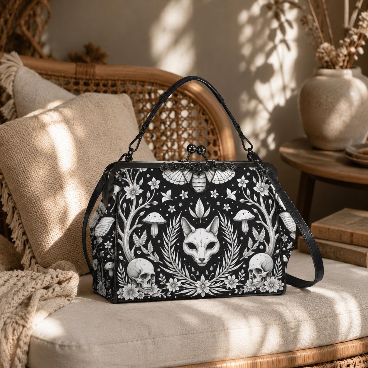 Gothic Skull Moth Print Frame Bag, Witchy Top Handle Purse, Occult Botanical Tote