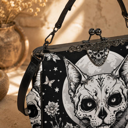 Kiss Lock Cat Purse with Moon Skull Art, Black Floral Frame Bag