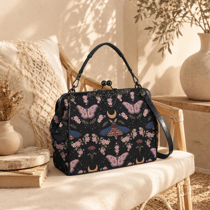 Kiss Lock Purse, Pink Moth Shoulder Bag, Moon Blossom Frame Handbag