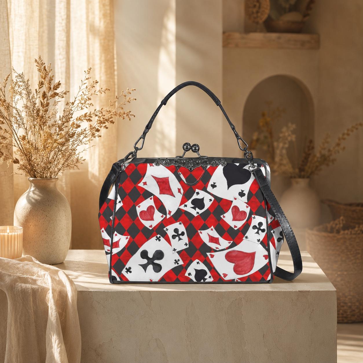 Alice in Wonderland inspired kisslock bag, Queen of Hearts card suit purse, red harlequin frame handbag, vintage top handle novelty bag