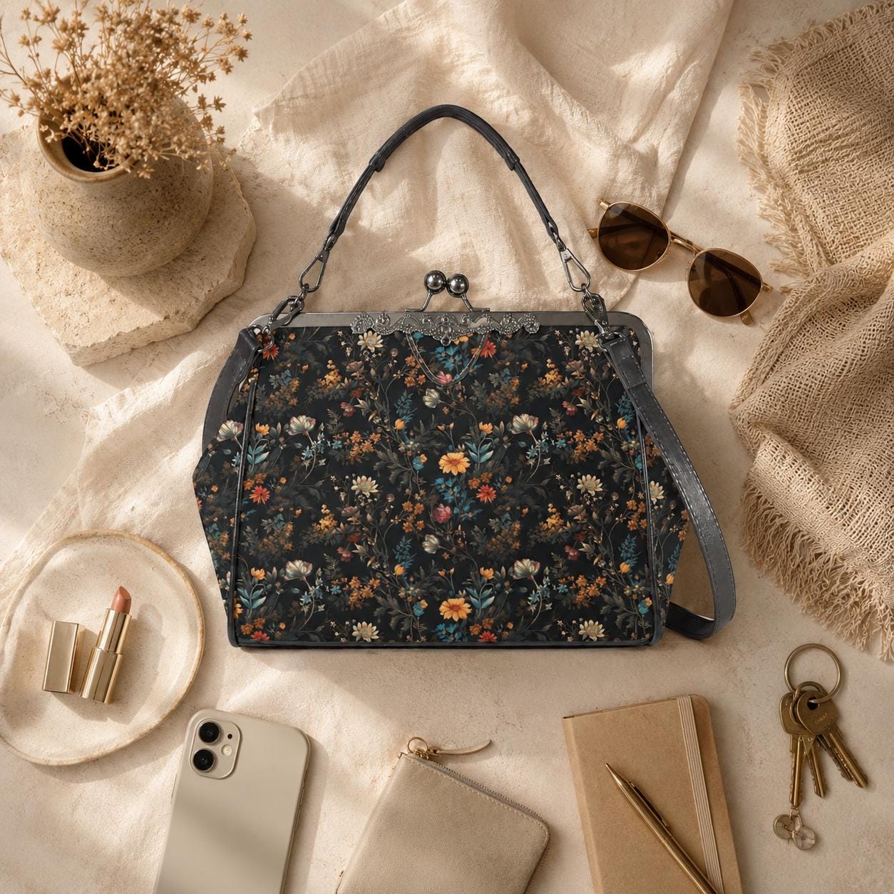 Dark Floral Purse, Gothic Flower Bag, Witchy Floral Clutch