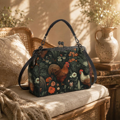 Rooster Floral Kisslock Bag, Vintage Cottage Farmhouse Handbag, Chicken Print Purse
