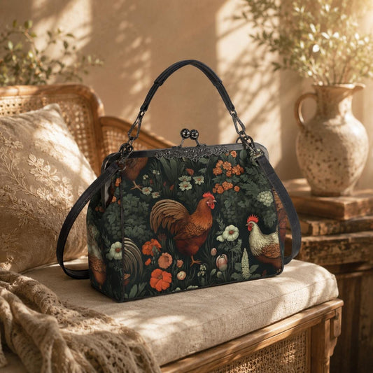 Rooster Floral Kisslock Bag, Vintage Cottage Farmhouse Handbag, Chicken Print Purse