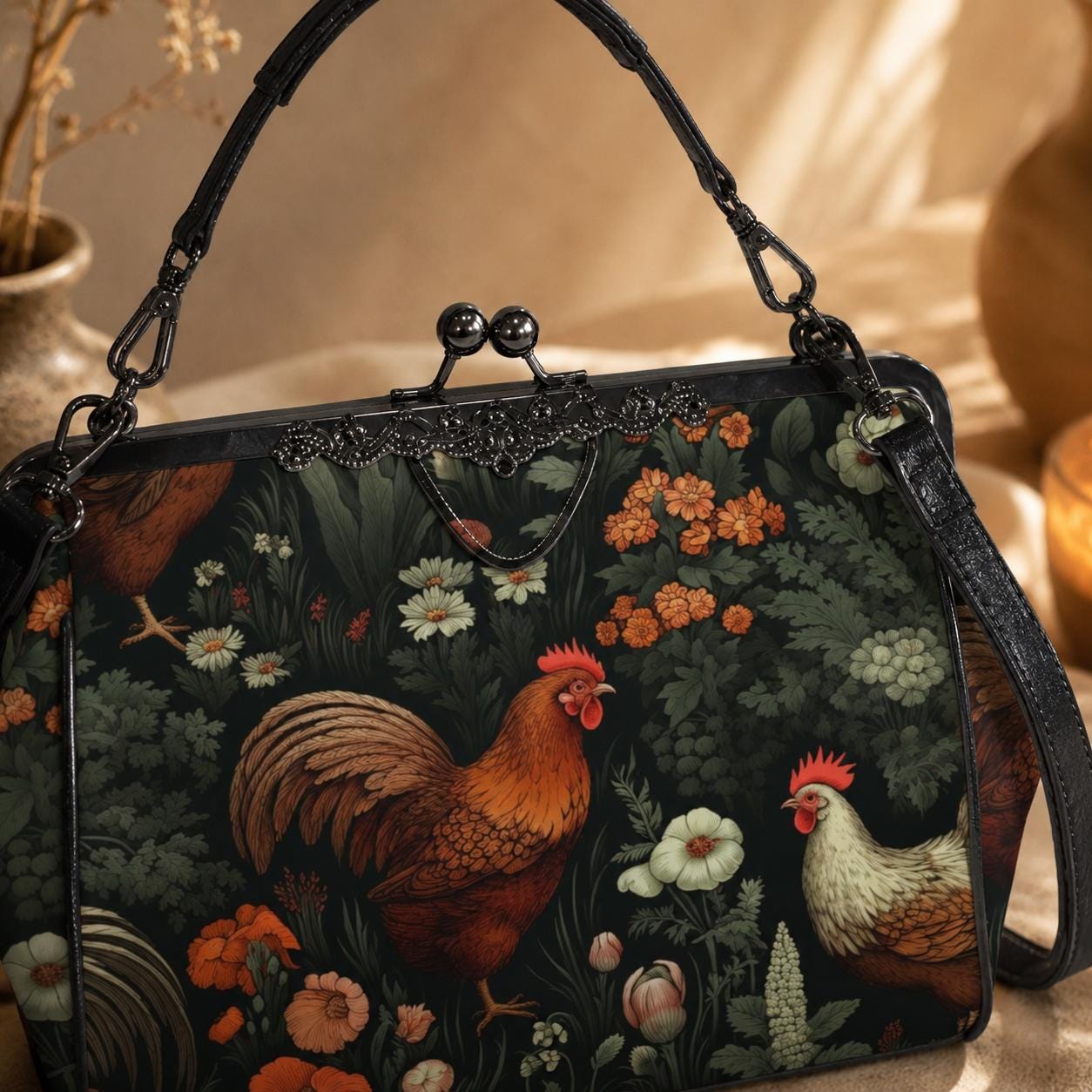 Rooster Floral Kisslock Bag, Vintage Cottage Farmhouse Handbag, Chicken Print Purse