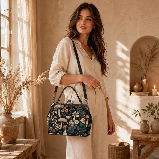 Mushroom Floral Kiss Lock Purse, Woodland Cottagecore Satchel, Vintage Frame Handbag