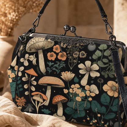 Mushroom Floral Kiss Lock Purse, Woodland Cottagecore Satchel, Vintage Frame Handbag