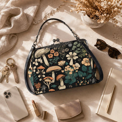 Mushroom Floral Kiss Lock Purse, Woodland Cottagecore Satchel, Vintage Frame Handbag