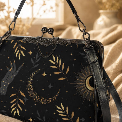 Kiss Lock Bag Celestial Moon Purse, Witchy Evening Handbag with Crossbody Strap