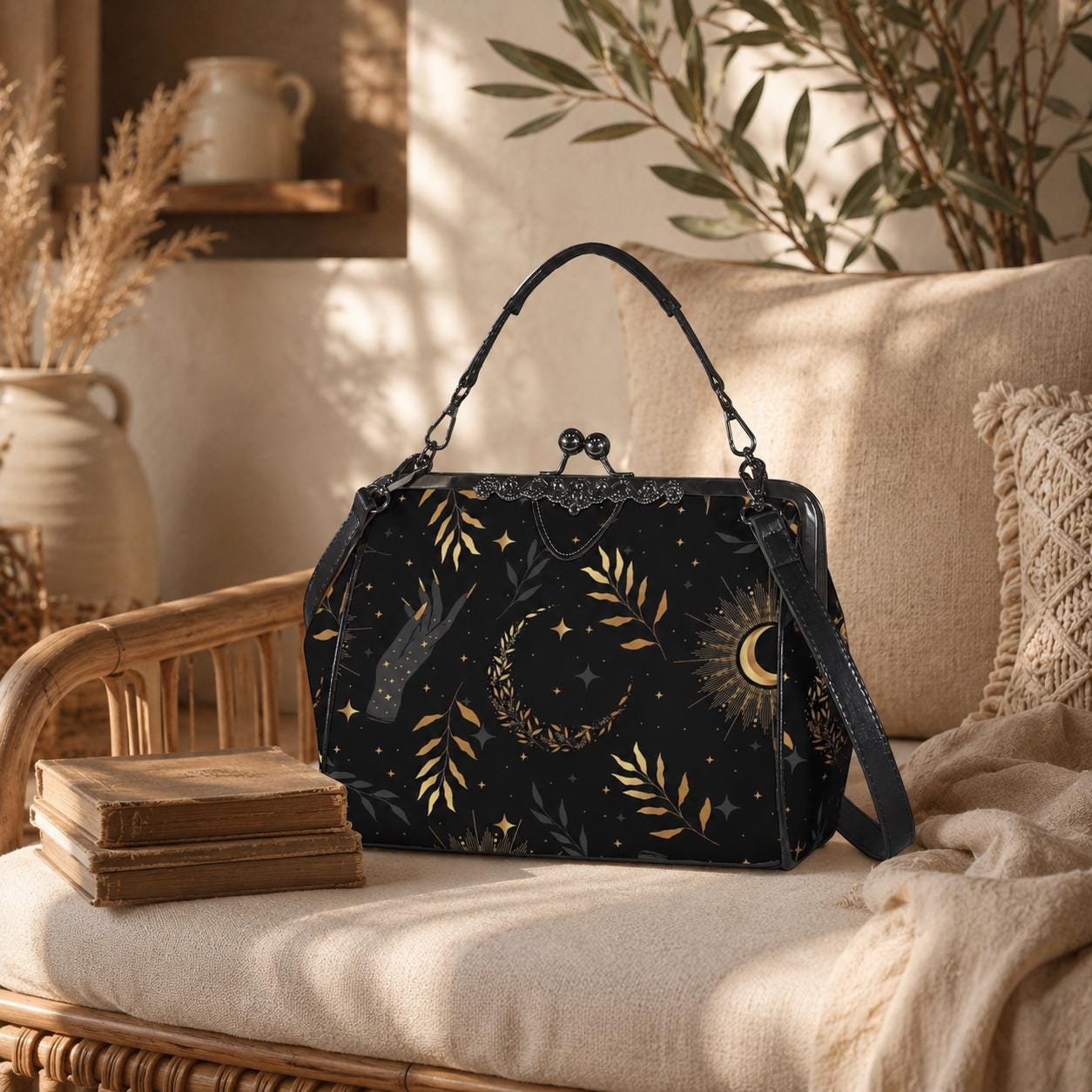 Kiss Lock Bag Celestial Moon Purse, Witchy Evening Handbag with Crossbody Strap