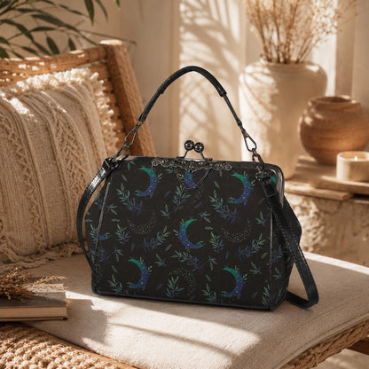 Moon Phase Kiss Lock Purse, Botanical Crescent Handbag in Blue Green Night Sky