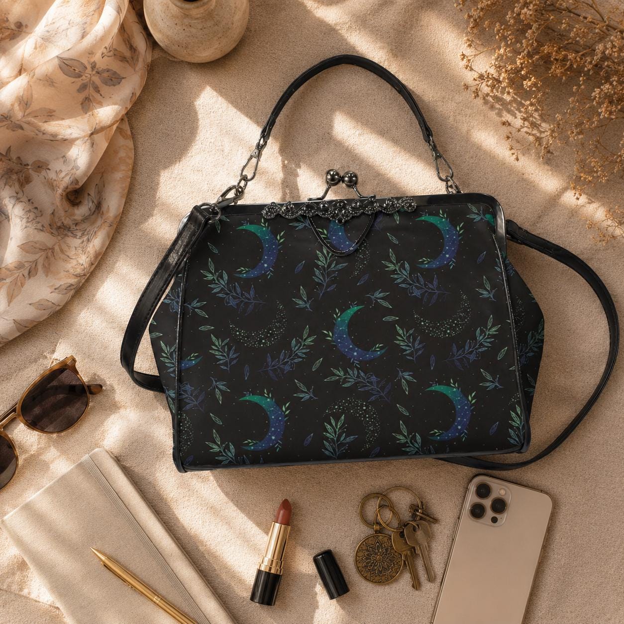 Moon Phase Kiss Lock Purse, Botanical Crescent Handbag in Blue Green Night Sky