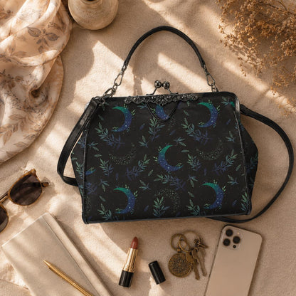 Moon Phase Kiss Lock Purse, Botanical Crescent Handbag in Blue Green Night Sky