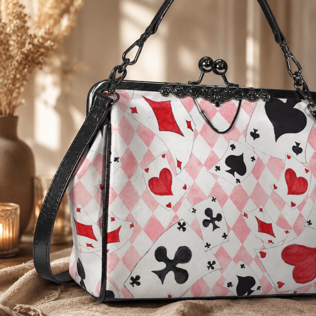 Alice Inspired Harlequin Card Suit Kiss Lock Bag, Pink Wonderland Handbag