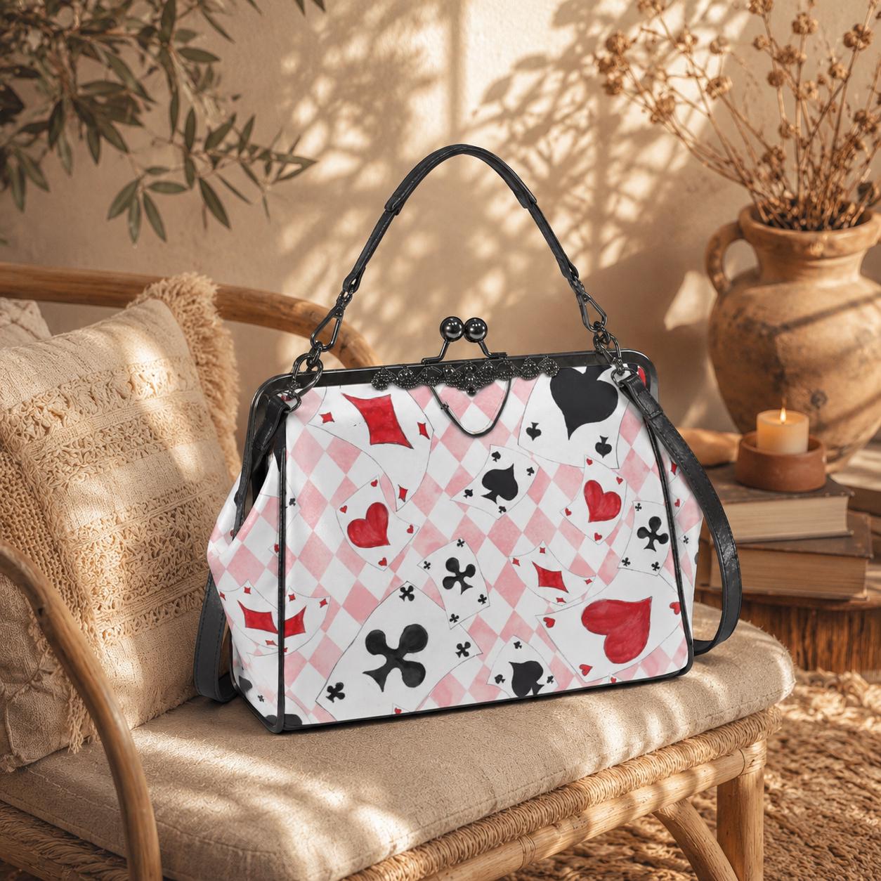 Alice Inspired Harlequin Card Suit Kiss Lock Bag, Pink Wonderland Handbag