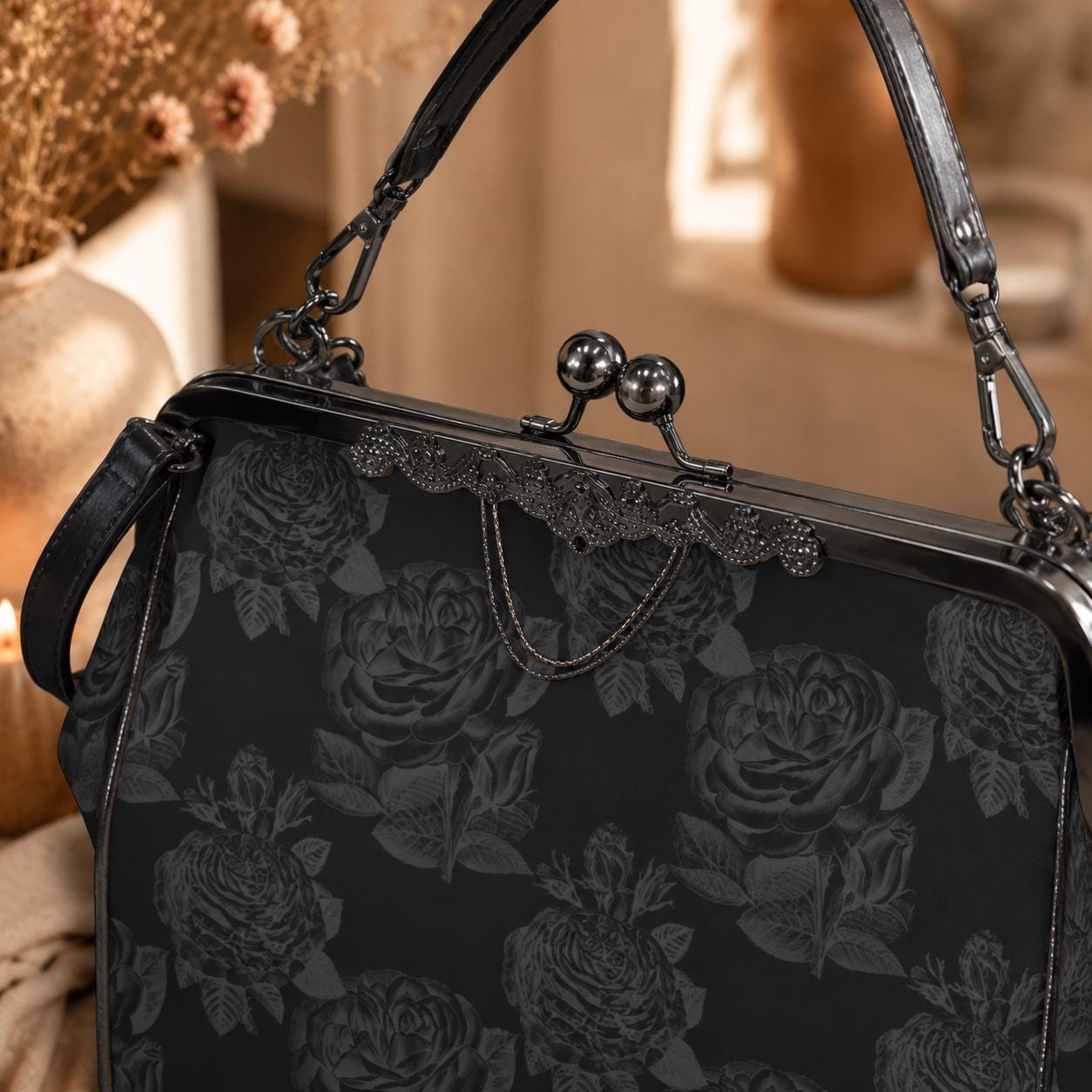 Black Rose Kisslock Bag, Dark Floral Vintage Handbag, Elegant Top Handle Evening Purse