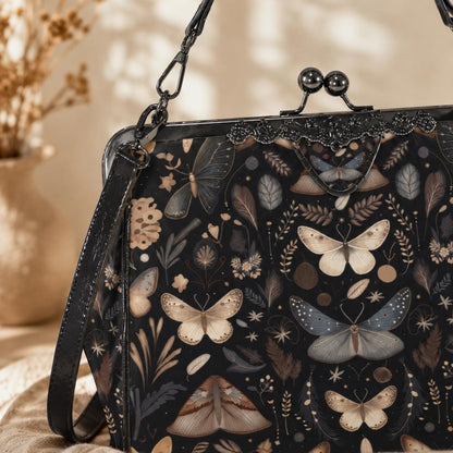 Vintage Moth Print Handbag: Botanical Clasp Purse