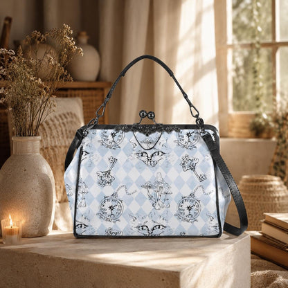 Kiss Lock Cat Handbag, Whimsical Mushroom Purse, Vintage Storybook Satchel
