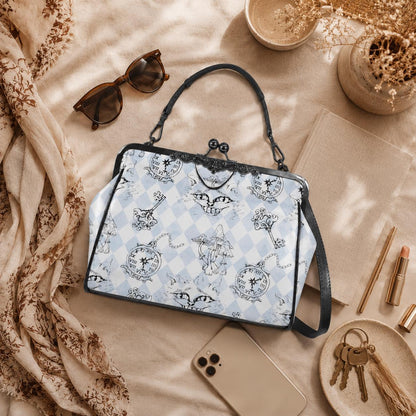Kiss Lock Cat Handbag, Whimsical Mushroom Purse, Vintage Storybook Satchel
