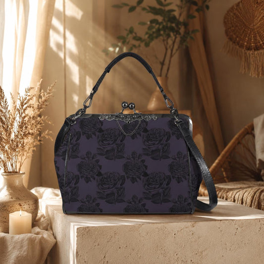 Purple rose kisslock bag, vintage floral frame handbag, dark romance top handle purse